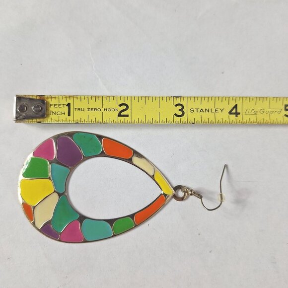 Boho Colorful Teardrop Earrings Stained Glass Style Handmade Dangle Jewelry - Picture 3 of 3